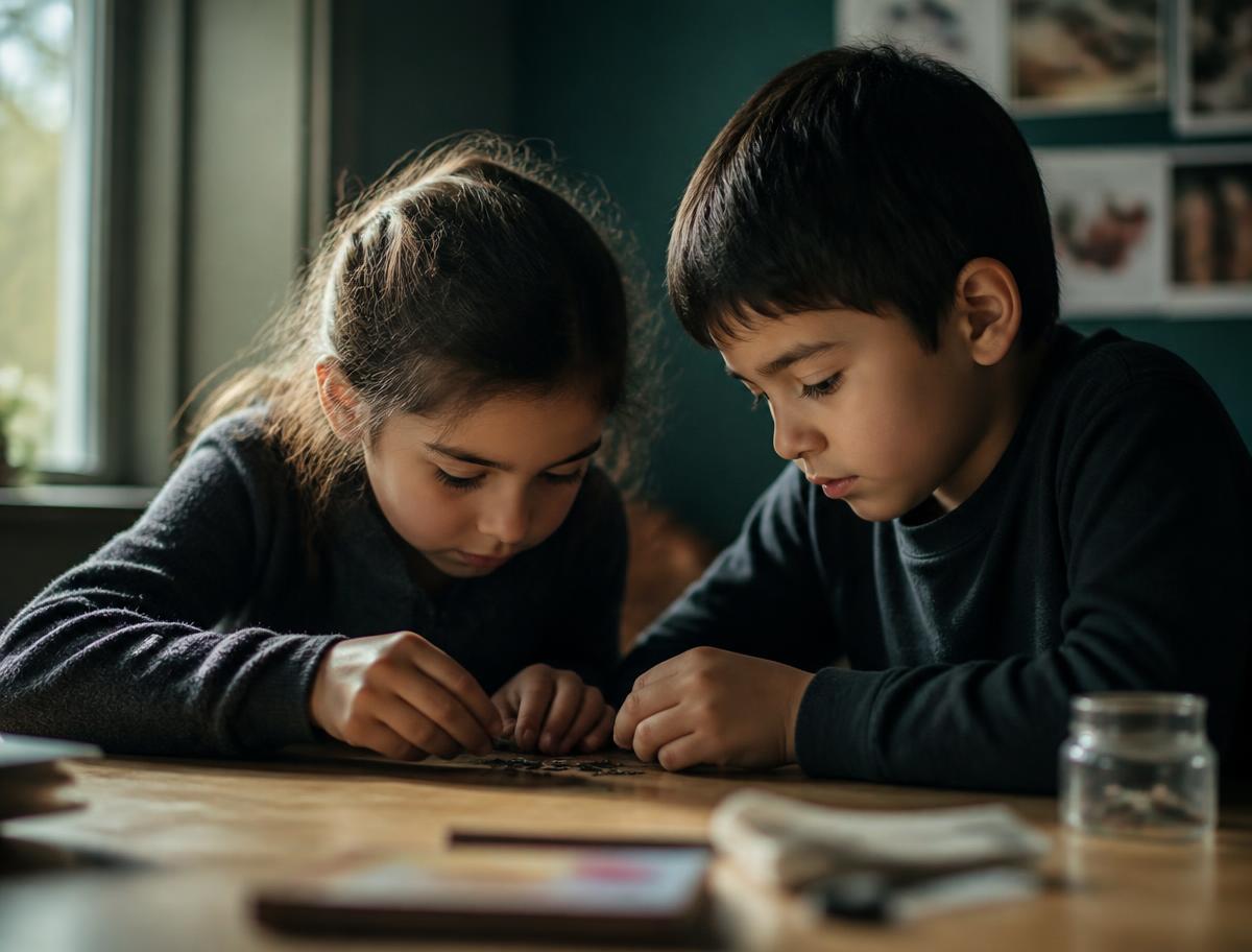 Zwei Kinder arbeiten konzentriert gemeinsam an einem Tisch